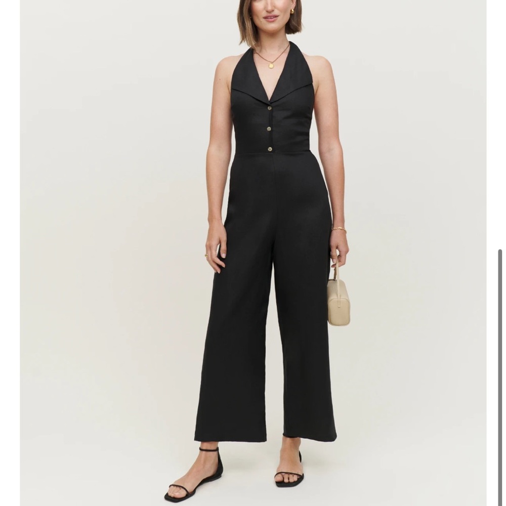 Billie Linen Jumpsuit reformation black wide leg halter xs /2 sold out